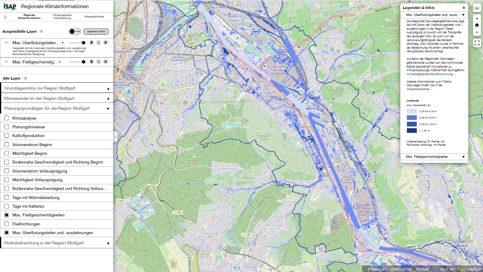 Abbildung 4: Darstellung der regionalen Klimainformationen - Auswahl der Parameter „Maximale Fließgeschwindigkeiten“ sowie „Maximale Überflutungstiefen und -ausdehnungen“ - Säule 1 des ISAP-Online-Tools,