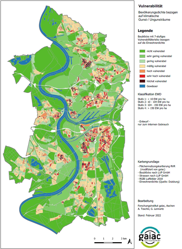 Die Abbildung zeigt eine Karte des Stadtgebiets von Duisburg. Mit einer 7-stufigen Skala sind die Baublöcke von grün (nicht vulnerabel) bis dunkelrot (höchst vulnerabel) farblich gekennzeichnet