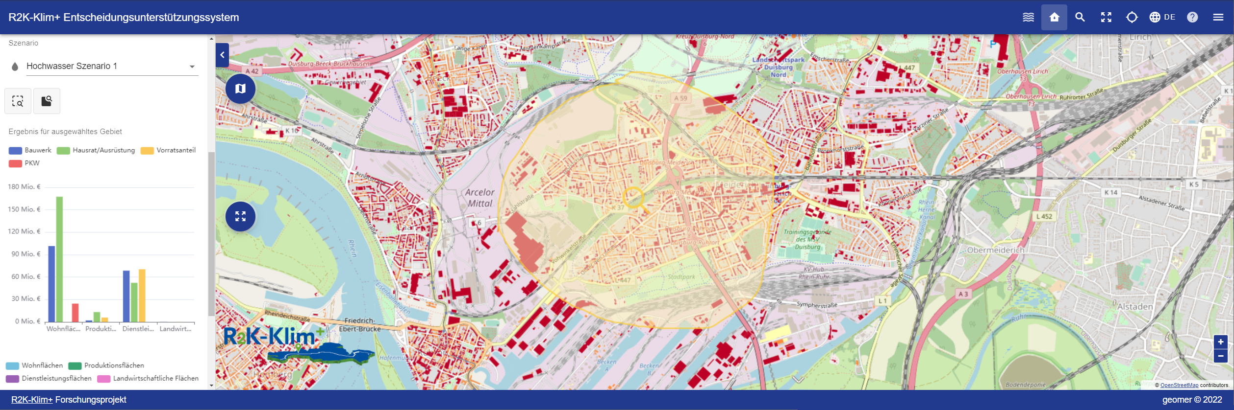 Die Abbildung zeigt einen Screenshot des Prototyps des Entscheidungsunterstützungssystems. Darauf ist ein Ausschnitt des Stadtgebietes von Duisburg farblich hervorgehoben und für diesen Ausschnitt werden die Hochwasserschäden für die verschiedenen Flächen